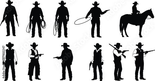 Set of Wild West Cowboy Silhouettes Featuring Gunfighters with Revolvers Rifles and Lassos Plus a Horse Rider for Western Graphic Design