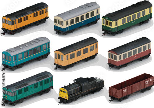 Vintage railway collection, classic locomotives and passenger carriages, freight wagons, historic trains, model transport, isolated rolling stock set for design