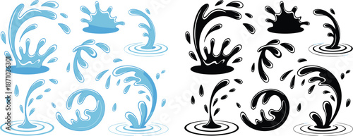 Water splash shapes illustration, liquid droplets and splashing effects, blue and black vector elements, cartoon fluid design isolated white background