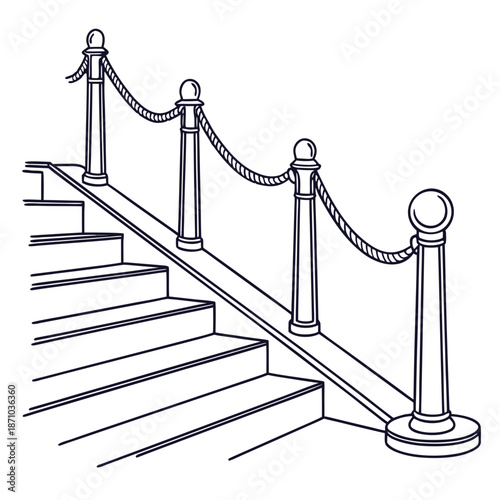 Black and white of rope barrier on staircase steps