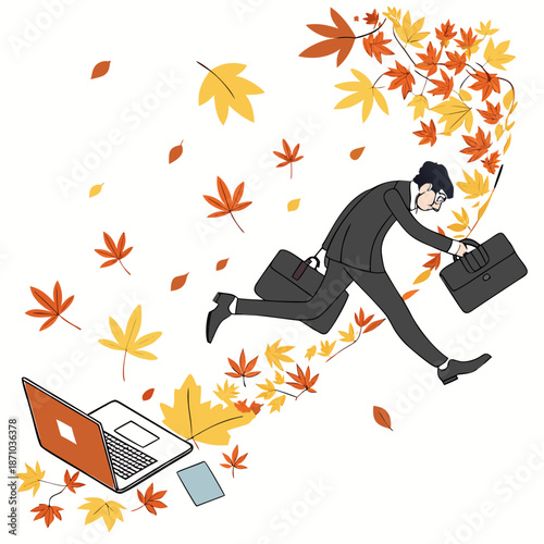 Businessman running with briefcase surrounded by falling autumn leaves and office equipment