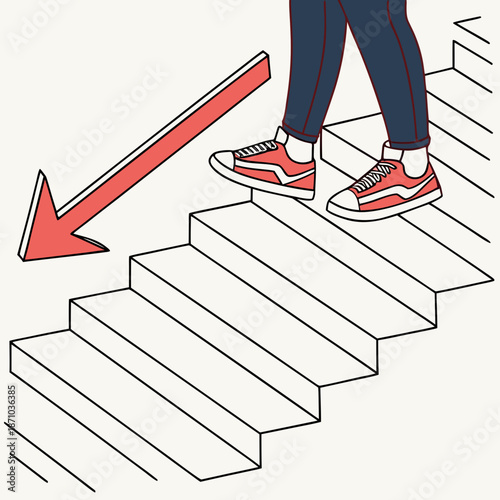 Person stepping down stairs with large red arrow pointing down
