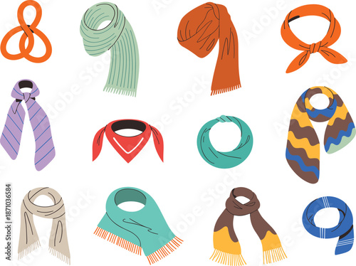 Winter scarf illustration set with colorful knitted accessories, flat vector design, cozy fashion collection, isolated clothing items, for seasonal branding