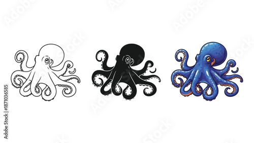 Set of three octopus illustrations line art, silhouette and colorful drawing