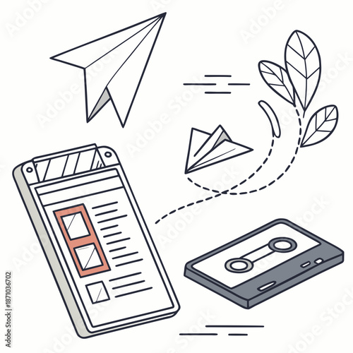 Smartphone paper airplane cassette tape leaves mixed media