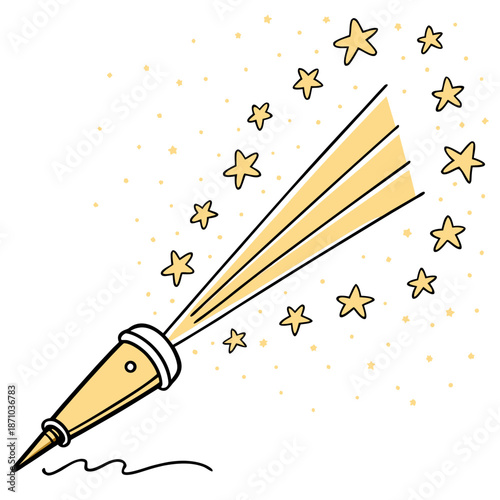 Gold paintbrush spreading gold stars and glitter on white background