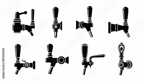 Collection of Beer Taps and Faucets in Silhouette Style.