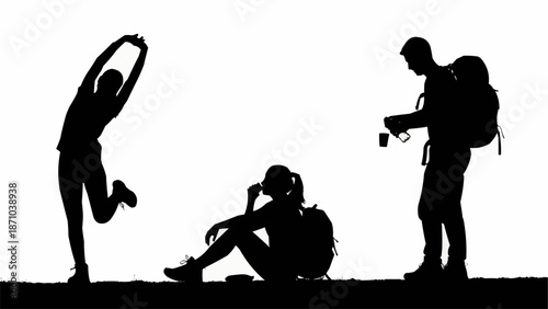 Hikers resting and stretching during outdoor adventure silhouette.