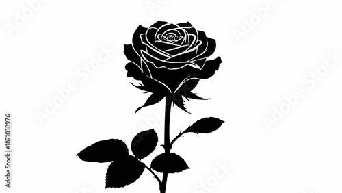 Black silhouette of a single rose with stem and leaves.
