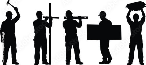 Construction worker silhouettes, black illustration showing hammering, measuring, leveling, lifting materials, teamwork, industrial labor, and building activities on white background