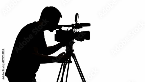 Silhouette of a videographer operating a professional video camera on a tripod.