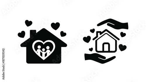 Icons depicting family love care and home protection in a simple style