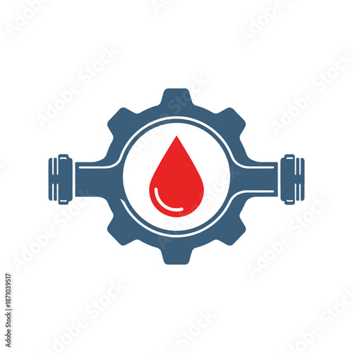 Blue gear with red droplet in center on white background circle