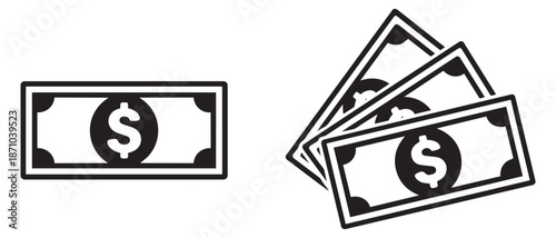 Simple line art dollar bill icons set featuring a single banknote and a stack of currency for finance and business projects