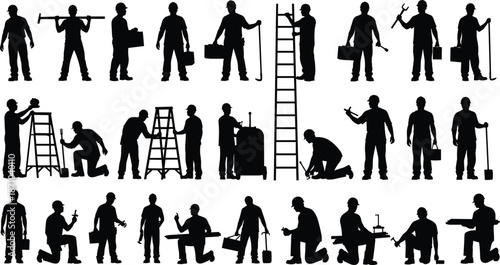 Construction worker silhouettes set showing laborers with tools ladders teamwork safety industrial jobs isolated black icons on white background illustration
