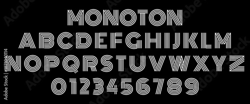 Decorative alphabet font set with uppercase letters and numbers in modern line style. A to Z and numbers 0 to 9. Vintage alphabet. Simple letters and numerals. Vector illustration.