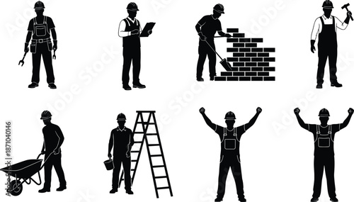 Construction worker silhouettes set showing building tasks, tools and equipment, industrial labor teamwork concept, black illustration isolated on white background