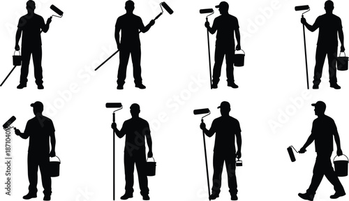 Painter silhouettes set, black illustration showing workers with rollers, buckets, painting tools, home renovation, decorating, and maintenance jobs on white background
