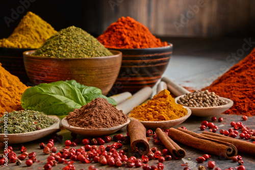 Variety of spices on kitchen table © monticellllo