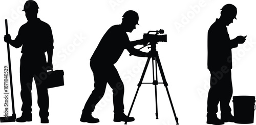Construction worker silhouettes showing surveyor camera tools inspection safety teamwork industrial job isolated black icons on white background vector illustration