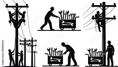 Electrician worker silhouettes repairing power lines with tools, utility maintenance teamwork concept, industrial service illustration isolated on white background vector
