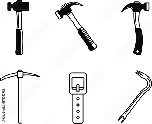 Hammer and tool icons showing carpentry construction equipment isolated black line symbols on white background vector illustration collection set
