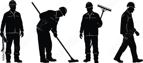 Construction worker silhouettes wearing safety helmets using tools, industrial labor teamwork concept, black illustration isolated on white background vector art