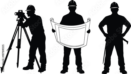 Construction worker silhouettes with camera and blueprint showing engineering survey planning isolated black figures on white background vector illustration collection