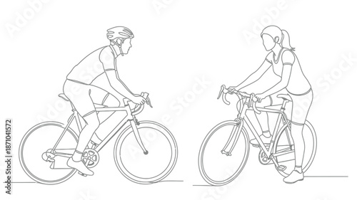 Line art illustration of a man and woman riding bicycles outdoors