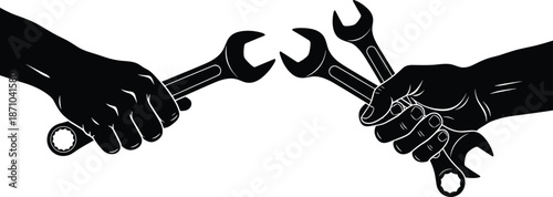 Hands holding wrenches, black silhouette illustration showing teamwork, repair, mechanical tools, maintenance, engineering, and industrial collaboration on white background