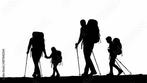 Silhouette of a family hiking together with backpacks and poles.