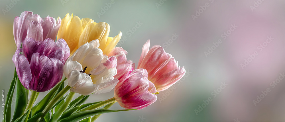 Fototapeta premium Colorful tulip bouquet on blurred soft background. Yellow ,purple,pink and white tulips flower bouquet on soft background. Floral banner. Valentines day, 8 march, Womens day, Mothers day, 