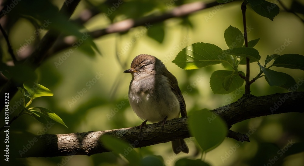 Fototapeta premium Small Songbird Resting on a Tree Branch Hidden in the Dappled Light of Forest Leaves