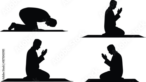 Muslim man praying in different Salah positions, Islamic worship concept, spiritual devotion, black and white silhouette, religious lifestyle illustration