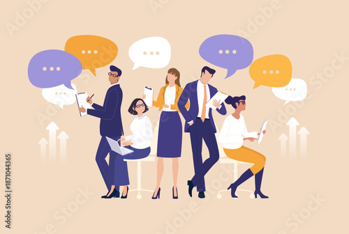 A diverse group of business professionals working together, symbolizing collaboration, communication, and shared goals. It reflects teamwork, collective intelligence, and professional synergy