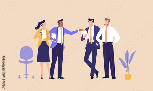 A diverse group of business professionals working together, symbolizing collaboration, communication, and shared goals. It reflects teamwork, collective intelligence, and professional synergy
