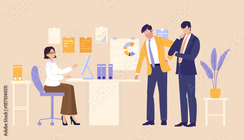 A professional woman working at her desk while colleagues approach her for advice, symbolizing leadership, mentorship, teamwork, collaboration, and knowledge sharing in a modern office environment.
