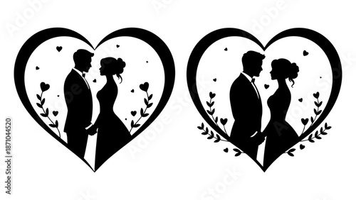 Romantic bride and groom silhouette for wedding invitation, Valentine’s Day heart icon with loving couple silhouette, Minimalist black and white heart border with wedding couple