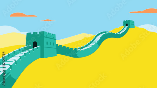 The Great Wall of China Winding Through Golden Hills Under a Blue Sky