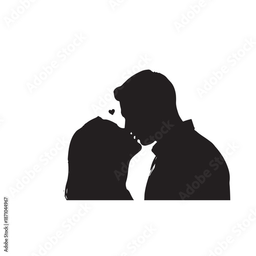 Black and white silhouette of couple kissing with heart between faces