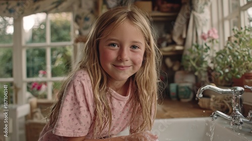 A smiling child washes hands at a sink, warm lighting, outdoor view