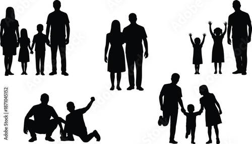 Silhouette of family members, parents with kids, standing, sitting, walking, cheering, bonding moments on white background in vector illustration

 flat vector illustration