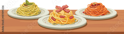 Delicious Italian pasta dishes with spaghetti varieties served on plates, garnished with herbs and bacon on wooden table flat vector illustration