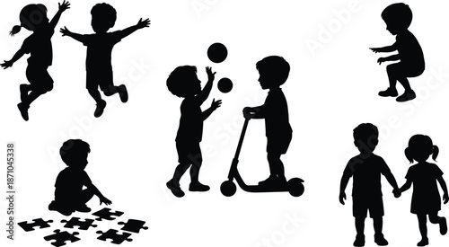 Silhouette of children playing, jumping, scootering, solving puzzles, interacting together in outdoor and indoor fun activities on white background

 flat vector illustration