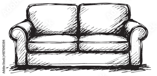 Hand drawn line art illustration of a sofa depicting a comfortable two-seater for interior design concepts