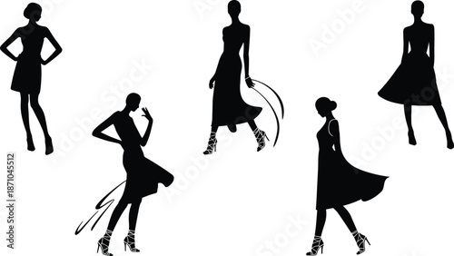 Fashionable female silhouettes in dresses and heels, striking modern poses, ideal for fashion design, runway style, branding, and illustration use. flat vector illustration