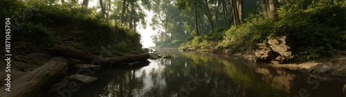 Scenic hdr panorama of a tranquil river in nature environment
