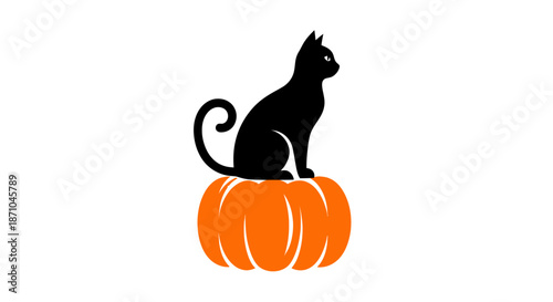 Black cat sitting on an orange pumpkin Halloween themed illustration.