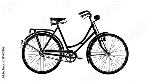 A classic black step-through bicycle illustration with a luggage rack fenders and headlight.