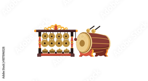 Traditional Indonesian Gamelan Instruments: Gong and Drum Set.